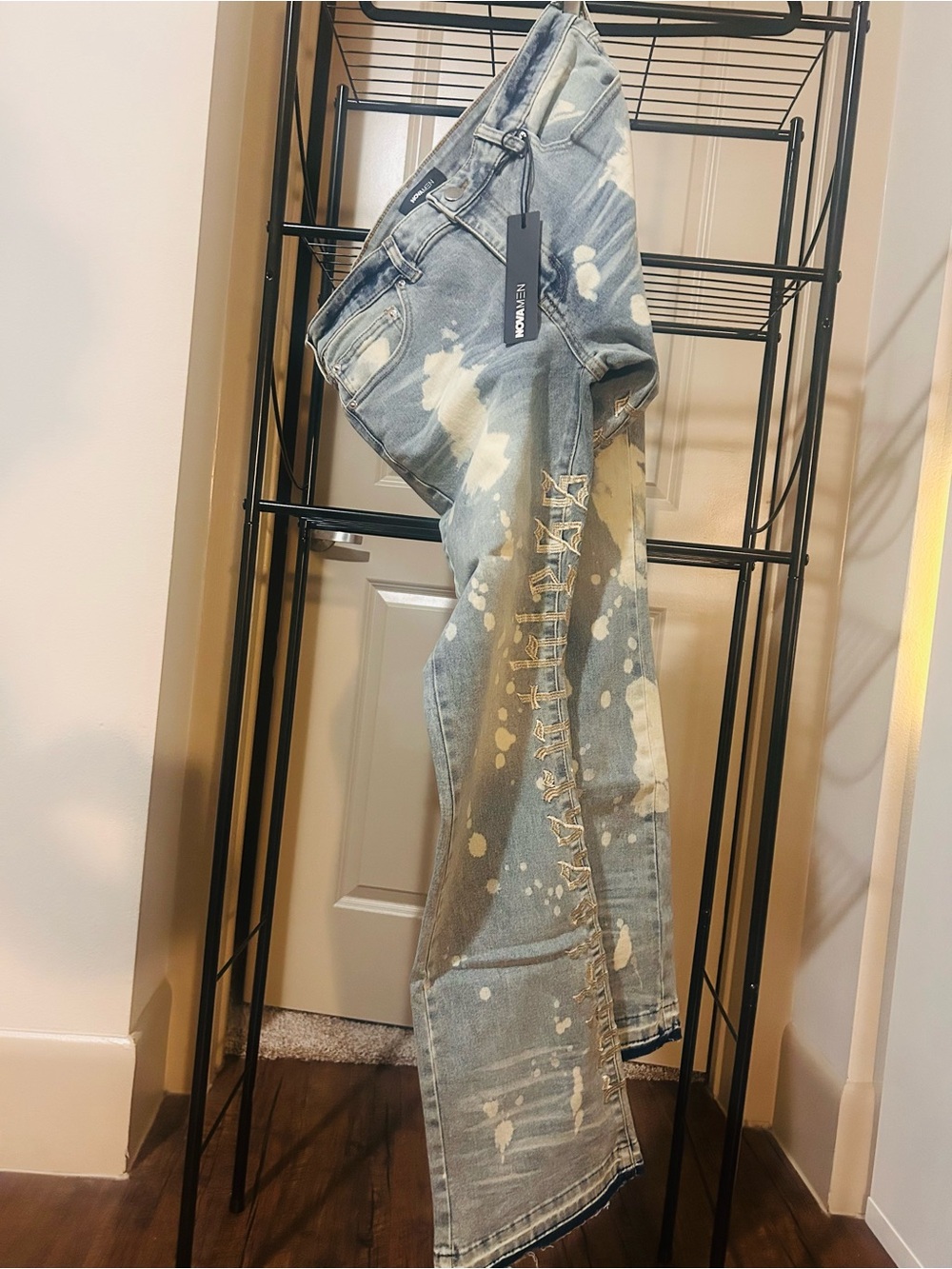 Fashion Nova Light Blue Bleach-Splatter Straight Leg Jeans